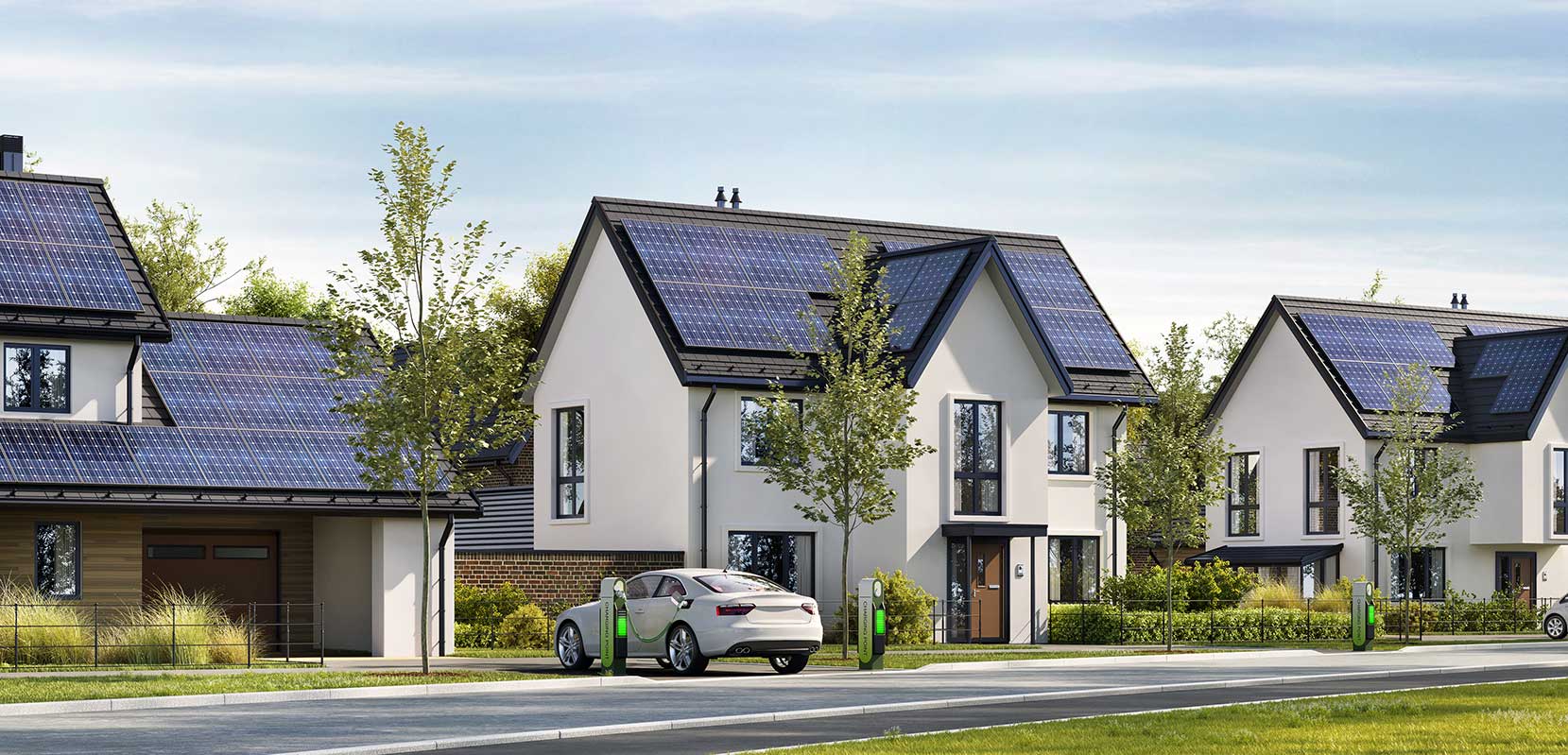 Case con pannelli fotovoltaici in una comunità energetica